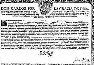 Archivo:Real Licencia para armar en Guerra Embarcaciones. San Ildefonso, 1779, con firma real (estampilla), orla, capitular y escudo grab, firma en esq. inf. derecha Jph de Galvez (José de Gálvez y Gallardo)