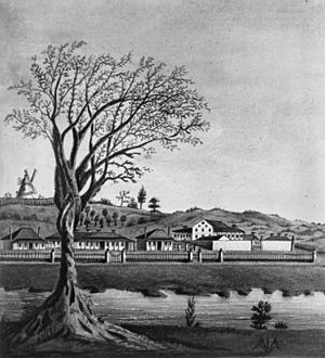 Archivo:StateLibQld 2 148511 Early drawing of a section of the town of Brisbane, Queensland including the Convict Hospital, 1835