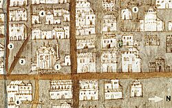 Archivo:Vista parcial del centro de la Ciudad de México alrededor del año de 1550 según se muestra en el Mapa de Uppsala