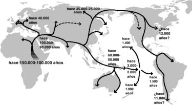 Archivo:Migración humana fuera de África mapa ADN genético