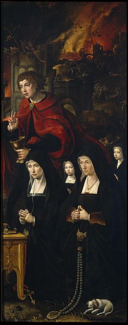 Archivo:San Juan Evangelista con dos damas y dos niñas orantes (Coecke van Aelst)