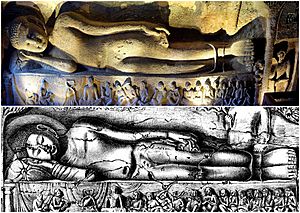 Archivo:19th century sketch and 21st century photo collage, Cave 26 Ajanta, Buddha Parinirvana