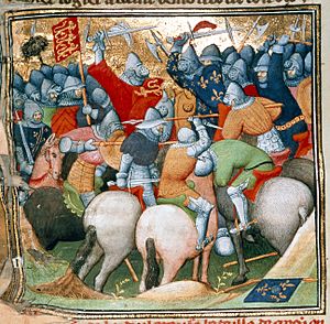 Archivo:Battle of Crécy - Grandes Chroniques de France (c.1415), f.152v - BL Cotton MS Nero E II