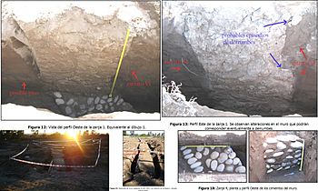 Archivo:Muros de adobes con base de bolones enterrados entorno cerro Mariman sitio Monumento Arqueologico Fuerte de Negrete