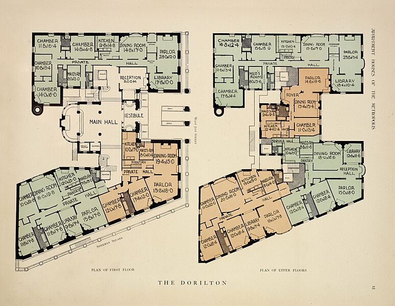 The Dorilton. Plan of first floor; Plan of upper floors (NYPL b12647274-464841) (cropped)
