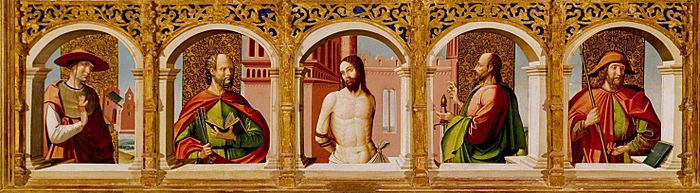 Archivo:'Christ at the Column with Four Saints', School of Castile painting (possibly Juan de Borgoña), c. 1500-1510, El Paso Museum of Art