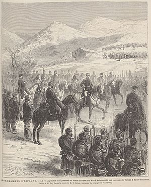 Archivo:Événements d'Espagne, le roi Alphonse XII passant en revue l'armée du Nord, échelonnée sur la route de Tolosa à Sain-Sébastien, de Lix