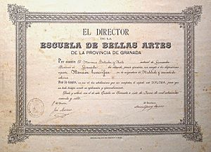 Archivo:Diploma con Mención Honorífica de la Escuela BB.AA. Granada para Mariano Bertuchi (1897)