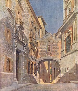 Archivo:1918-10-19 La Esfera, La casa de Cisneros, en la plaza de la Villa, acuarela de Muñoz Morillejo (cropped)