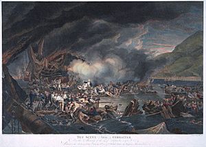 Archivo:Gibraltar explosion des batteries avec fuite des equipages et chaloupes 1782