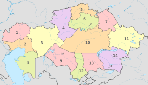 Kazakhstan, administrative divisions - Nmbrs - colored.svg