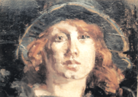 Se muestra el rostro de una joven de piel clara, pelirroja con sombrero azul. El fondo es neutro oscuro.