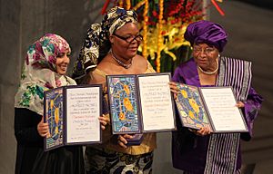 Archivo:Tawakkul Karman Leymah Gbowee Ellen Johnson Sirleaf Nobel Peace Prize 2011 Harry Wad