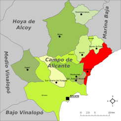 Localización de Campello respecto a la comarca del Campo de Alicante