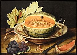 Giovanna garzoni, natura morta con popone su ub piatto, uva e una chiocciola, 1642-51 ca. 02