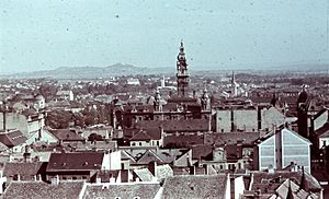 Archivo:Győr, Belváros , Városháza tornya, kilátás Pannonhalma felé. Fortepan 27247