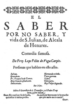 Archivo:Lope de Vega (1638) El saber por no saber, y vida de S. Julián de Alcalá de Henares, portada