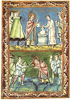 Archivo:St Boniface - Baptising-Martyrdom - Sacramentary of Fulda - 11Century