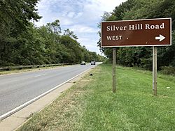 2019-09-09 14 52 41 View east along the Suitland Parkway at the exit for Silver Hill Road WEST on the edge of Silver Hill and Suitland in Prince George's County, Maryland.jpg