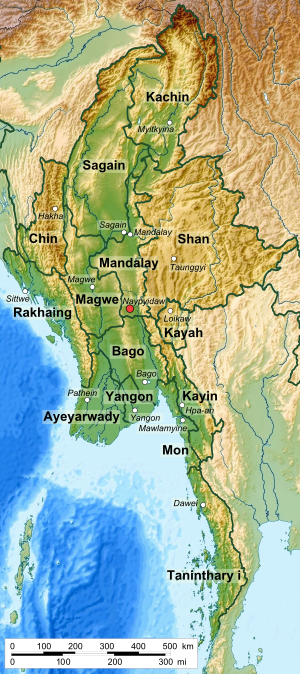 Mapa de Birmania que muestra sus divisiones administrativas de primer nivel.