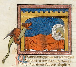 Archivo:Olympias and Nectanabus conceive Alexander - British Library Royal MS 19 D i f4v (detail)