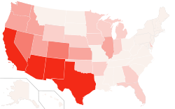 Percent of Mexican American (of any race) by state 2010.svg