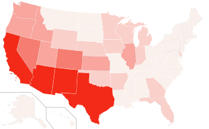 Percent of Mexican American (of any race) by state 2010.svg