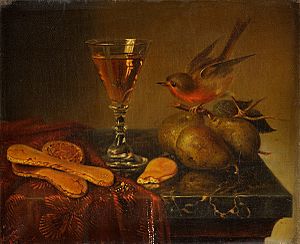Archivo:Stilleben mit Weinglas Löffelbisquit und Rotkehlchen 1863
