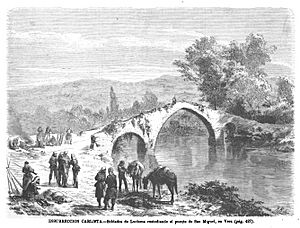 Archivo:1872-07-16, La Ilustración Española y Americana, Insurrección carlista, Soldados de Luchana custodiando el puente de San Miguel, en Vera