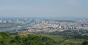 Archivo:Stadtteile von Wien entlang der Donau (gesehen von Nordwesten)