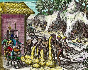 Archivo:Théodore de Bry - Esclaves noirs récoltant l'or pour les colons espagnols à Saint-Domingue (gravure du XVIe siècle)
