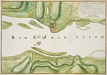 Archivo:Johannes Vingboons - Kaart van Fort Maurits bij Rio Santo Francisco (1665)