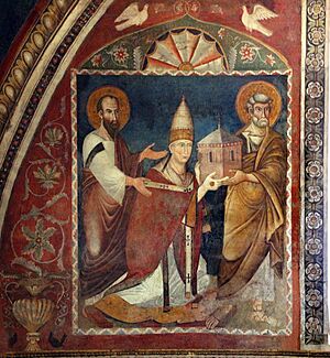 Archivo:Scuola romana, affreschi del sancta sanctorum, 1280 ca., Niccolò III dona la chiesa ai ss. pietro e paolo 03