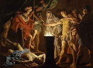 Archivo:'Mucius Scaevola in the Presence of Lars Porsenna', oil on canvas painting by Matthias Stomer, early 1640s, Art Gallery of New South Wales