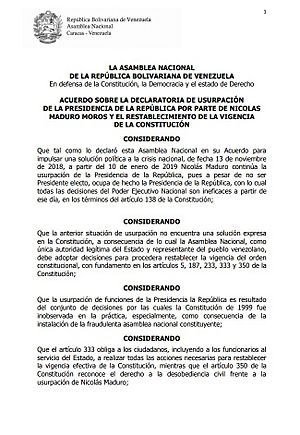 Archivo:Acuerdo sobre la declaratoria de usurpación de la presidencia de la república por parte de Nicolas Maduro Moros y el restablecimiento de la vigencia de la constitución - Página 1