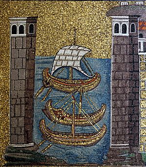 Archivo:Byzantine ships - Harbor of Classe mosaic - Sant'Apollinare Nuovo - Ravenna 2016