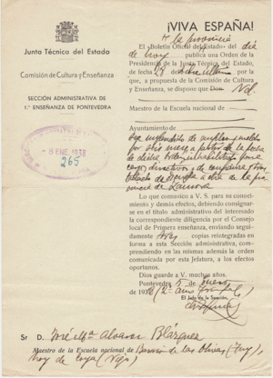 Archivo:Comisión de Cultura y Enseñanza. Comunicación a José M Álvarez Blázquez, 5 de enero de 1938