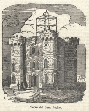 Archivo:Torre de telegrafía óptica del Buen Retiro, grabado en la revista La Ilustración (3-5-1851)