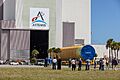 Artemis III core stage being transported to VAB