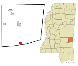 Clarke County Mississippi Incorporated and Unincorporated areas Shubuta Highlighted.svg