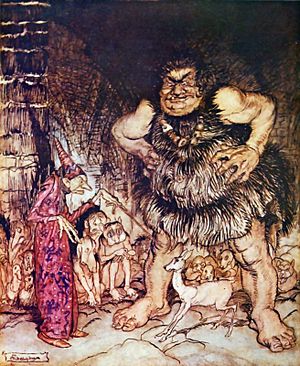 "El gigante Galligantua y el malvado mago anciano transforman a la hija del duque en una cierva blanca," por Arthur Rackham