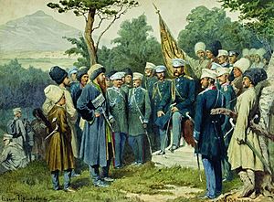 Archivo:Imam Shamil surrendered to Count Baryatinsky on August 25, 1859 by Kivshenko, Alexei Danilovich