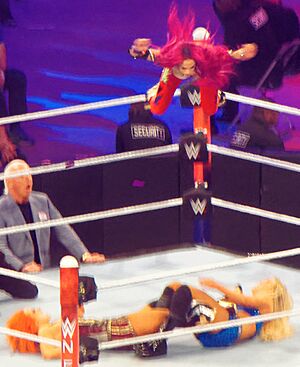 Archivo:Sasha Banks Frog splash tribute Wrestlemania 32