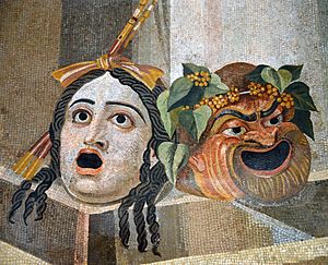 Archivo:Mosaic depicting theatrical masks of Tragedy and Comedy (Thermae Decianae)