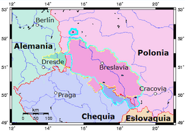 La Silesia histórica superpuesta con las fronteras actuales: la medieval, la bohemia premoderna y la provincia de los Habsburgo y la Silesia prusiana (en amarillo)