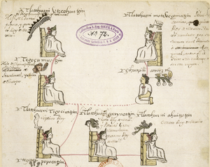 Archivo:Familia de gobernantes mexicas en la genealogía de Pedro Dionisio (1566)