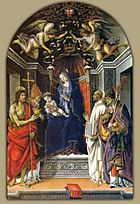 Archivo:Filippino lippi, madonna col bambino e i santi g.battista, vittore, bernardo e zanobi (1485) uffizi