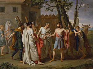 Archivo:Cincinato abandona el arado para dictar leyes a Roma, c.1806 de Juan Antonio Ribera