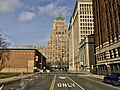 Fisher Building as seen from 2nd Avenue in front of the Argonaut Building, New Center, Detroit - 20201215