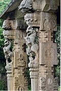 Yali pillars in a dilapidated mantapa at Melkote